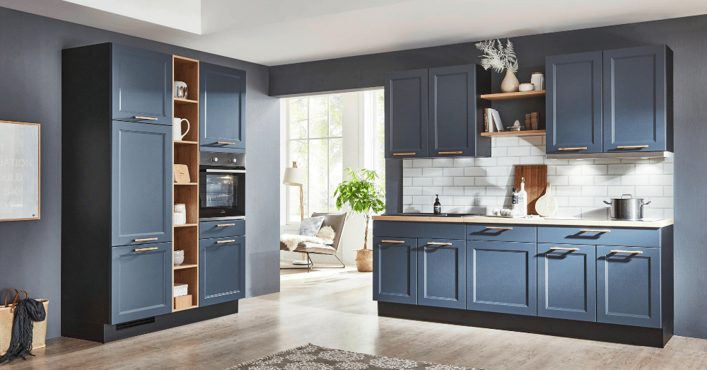 Kitchen Cabinet Trends Worth Stealing - slate blue kitchen cabinets with some open shelving